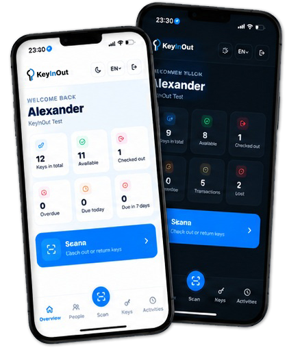 KeyInOut app dashboard in light and dark mode