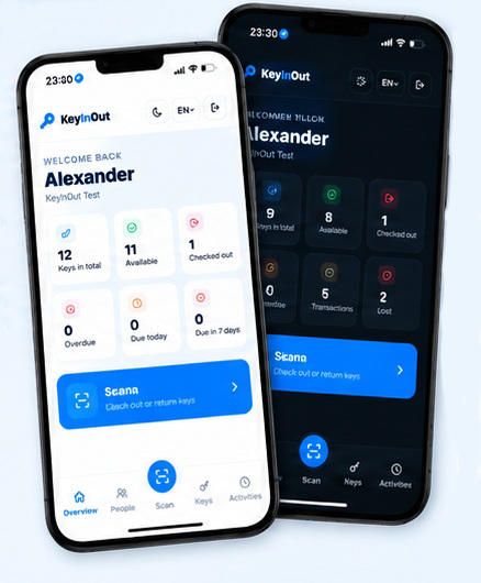 KeyInOut app dashboard in light and dark mode